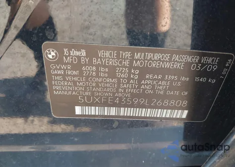 2009 BMW X5 xDrive30I из США, поврежденный, VIN 5UXFE43599L268808